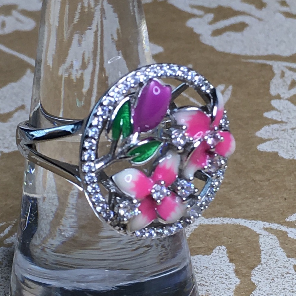 Sterling Silver ring with Pink and Green Enamel Flowers & CZ’s